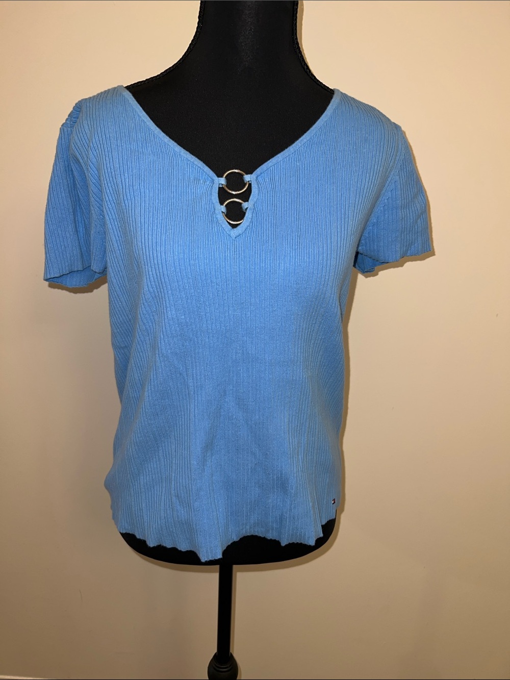Tommy Hilfiger Sky Blue Ribbed Short Sleeve Tee with Double Ring Neck